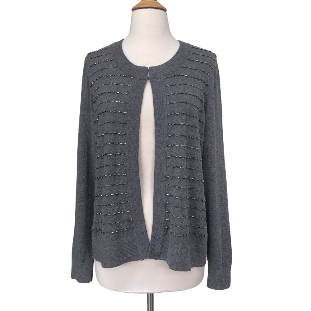 Talbots Cardigan Women Medium Gray Long Sleeve Lambswool Beaded Sweater